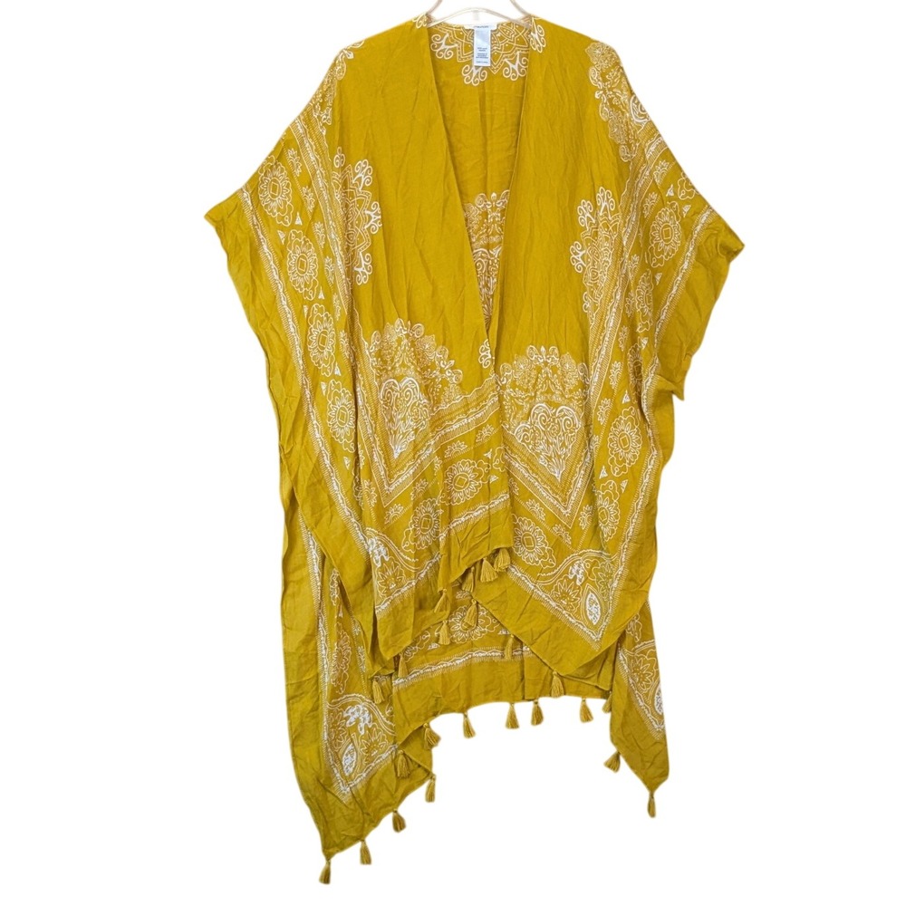 Maurices Womens Boho Medallion Tassel Fringe Kimono Wrap OS Mustard Yellow
